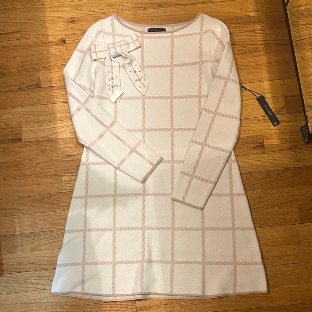 Tahari Checkered Long Sleeve Dress with Hair Bow